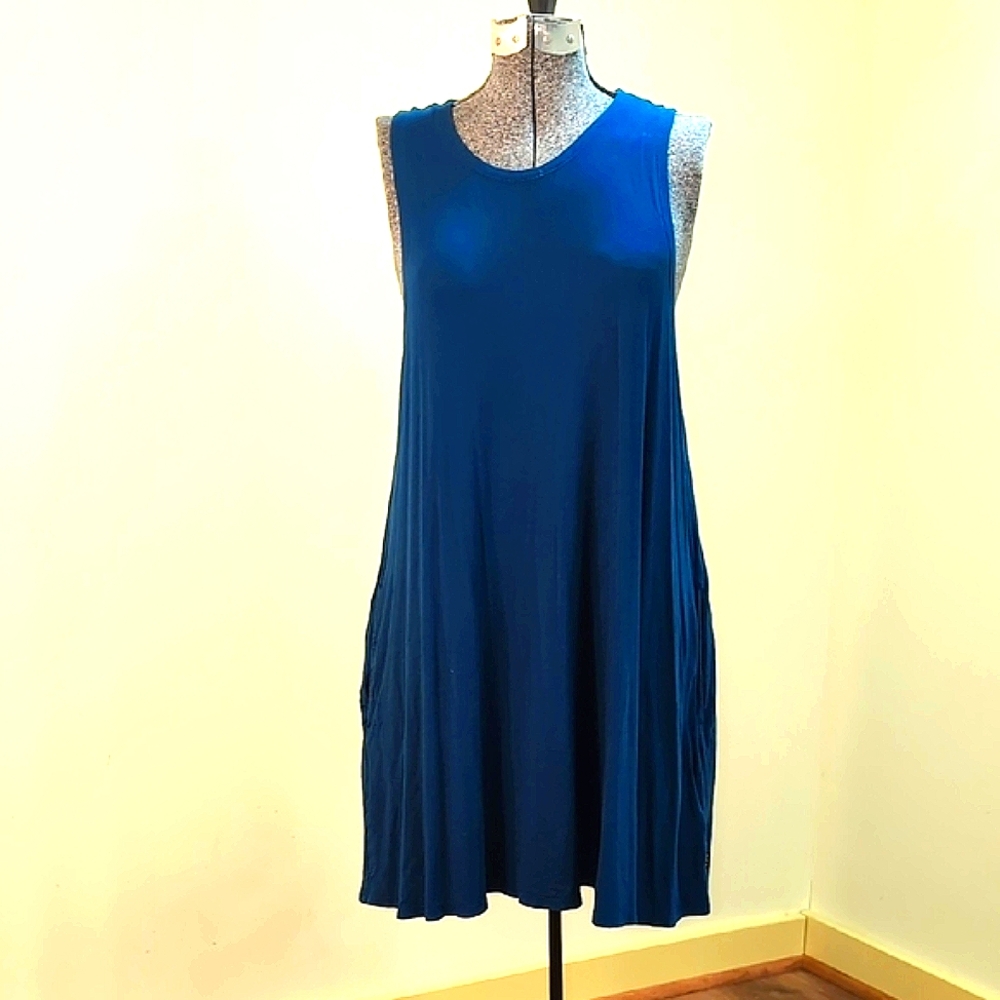 Women's Blue Sleeveless Dress with deep side pockets